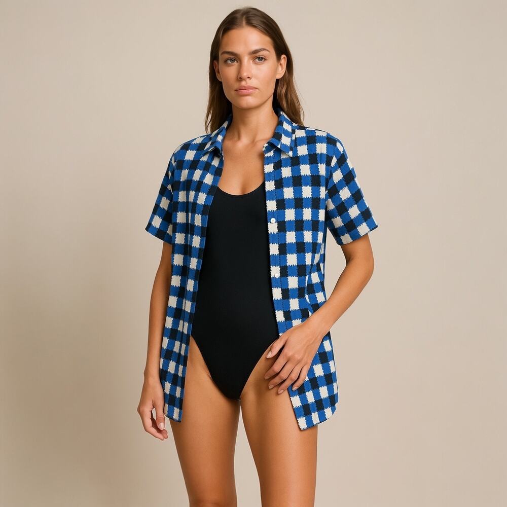 Solid & Striped Blue Gingham Check Short Sleeve Button Up Cabana Shirt Top XL